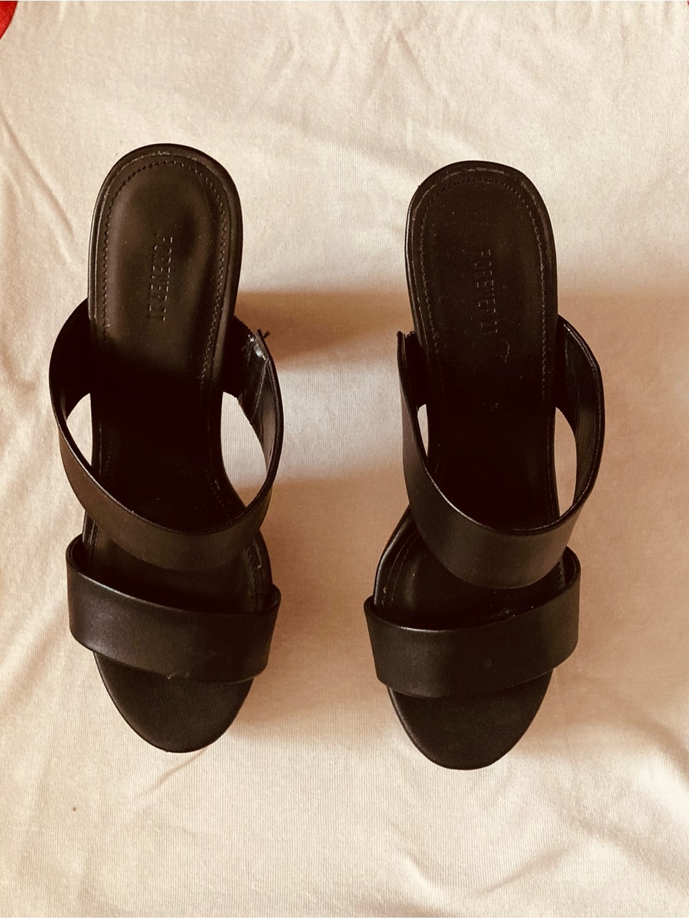 Forever 21 Black Platform Double-Strap Mules with Wood-Look Heel